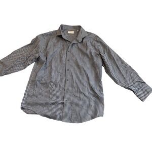 Lorenzo Uomo Mens‎ Navy White Gingham Trim Fit Dress Shirt Size 18 34/35